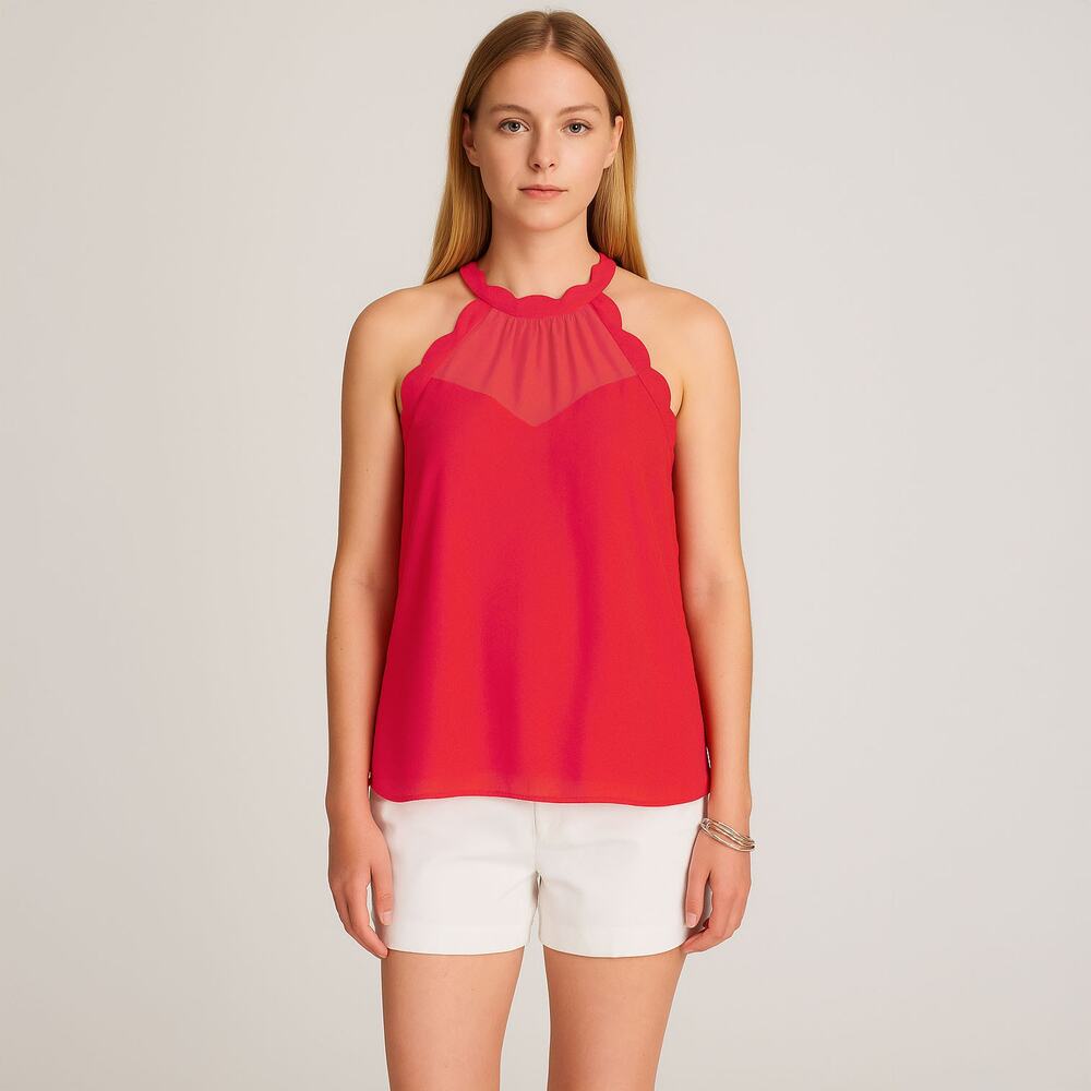 NWT Monteau Scalloped Sleeveless Red Lined Blouse Sz Medium